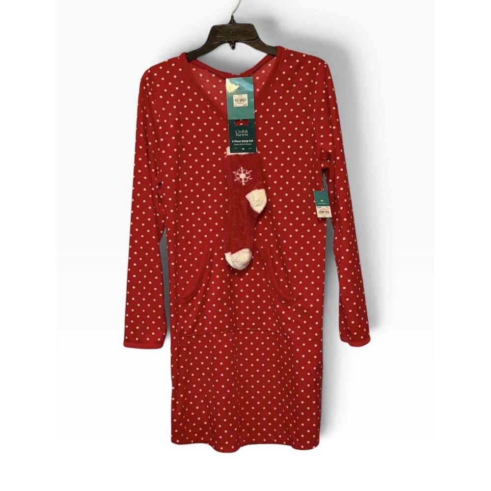Croft & Barrow Womens Sz M Red White Polka Dot Fleece Sleep Shirt w/ Socks NWT